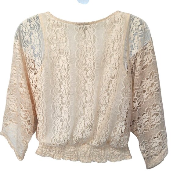 Womens Lace Smocked Waist Wide Sleeve Top Size S Ivory Peasant Cottagecore - Picture 4 of 9